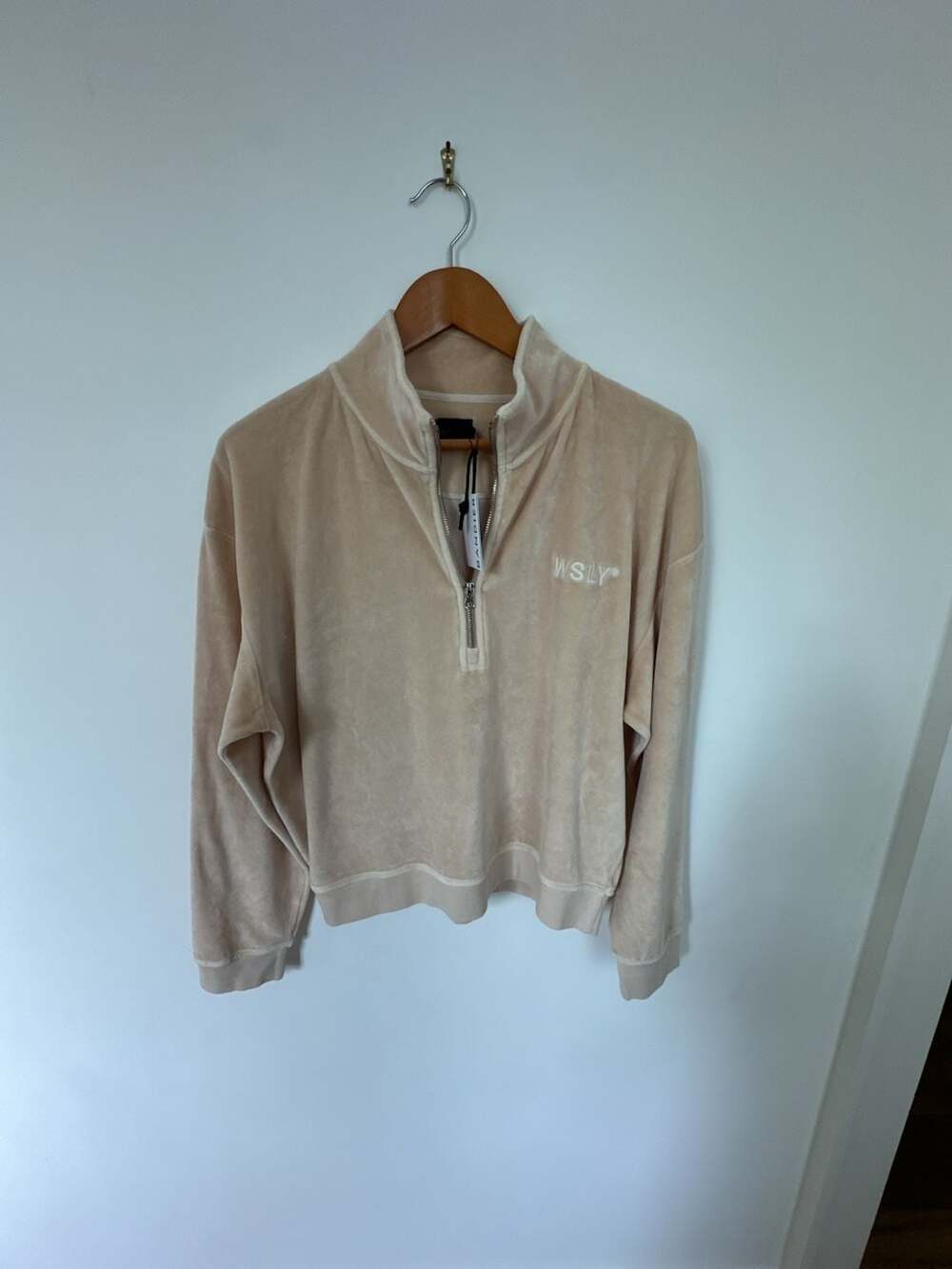 Bandier WSLY Velour Half-Zip Pullover Sweatshirt in Beige